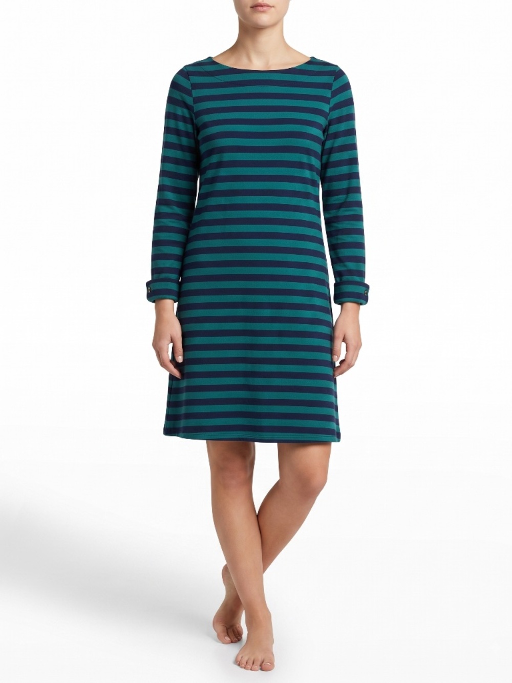 Duffield Lane Womens Small Striped Boatneck Dress Green Navy Button Back Peru